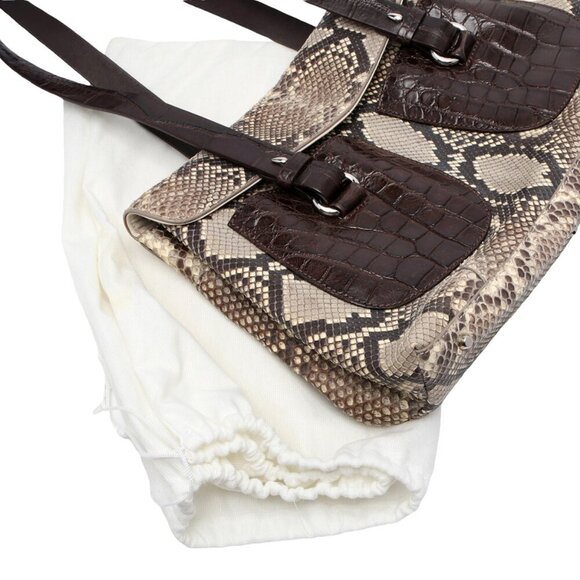 Colombo Via Della Spiga Leather Snakeskin Shoulder Bag Croc Embossed Italy Brown - Picture 8 of 15